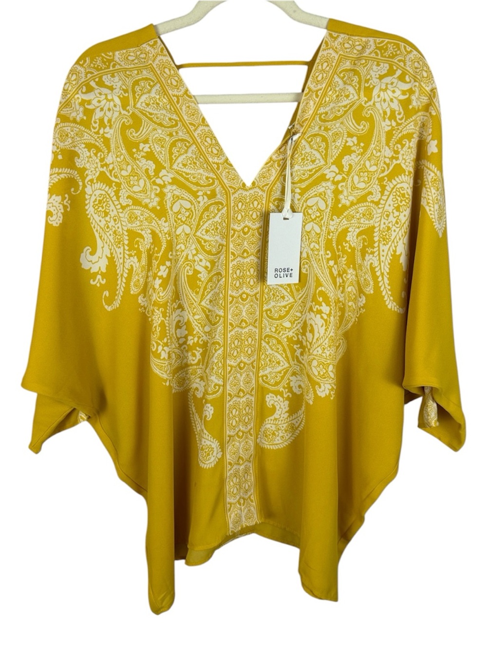 Rose + Olive Mustard Yellow White Paisley V-Neck Kaftan Top Medium NWT